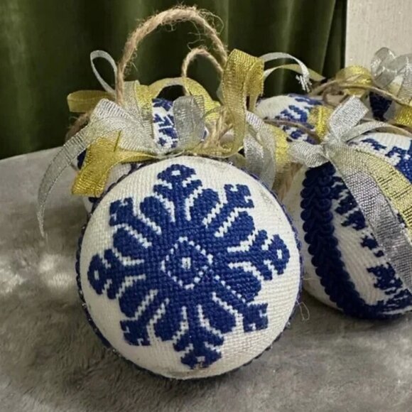 Set of 6 Handcrafted Embroidered Christmas Ornaments–Blue and White Nordic Style - Picture 5 of 13